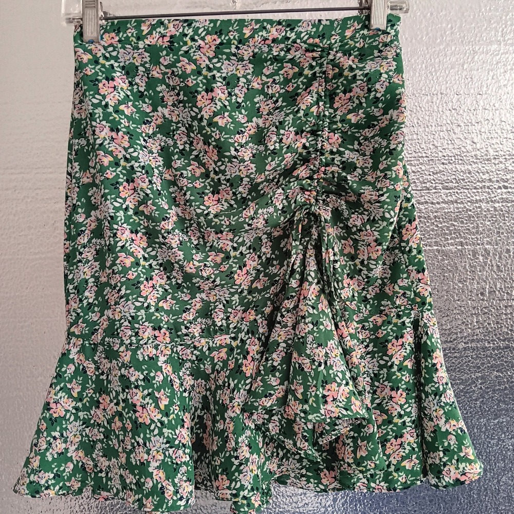 Max Studio Floral Skirt Women XS Green Ruched Ruffle Hem 2701D14